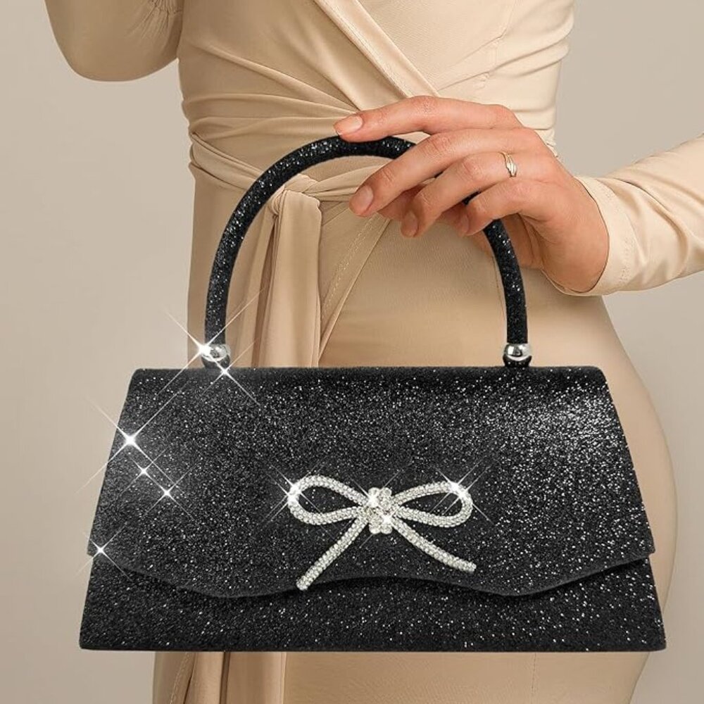 Neiman Marcus Sparkly Long Bow Black Elegant Rhinestone Evening Purse